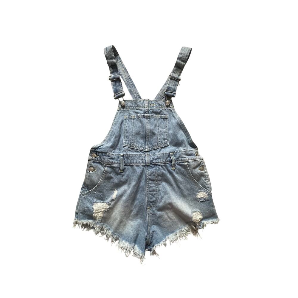 We The Free Denim Overall Shorts Sz 25 Adjustable Distressed Frayed Hem Boho GUC